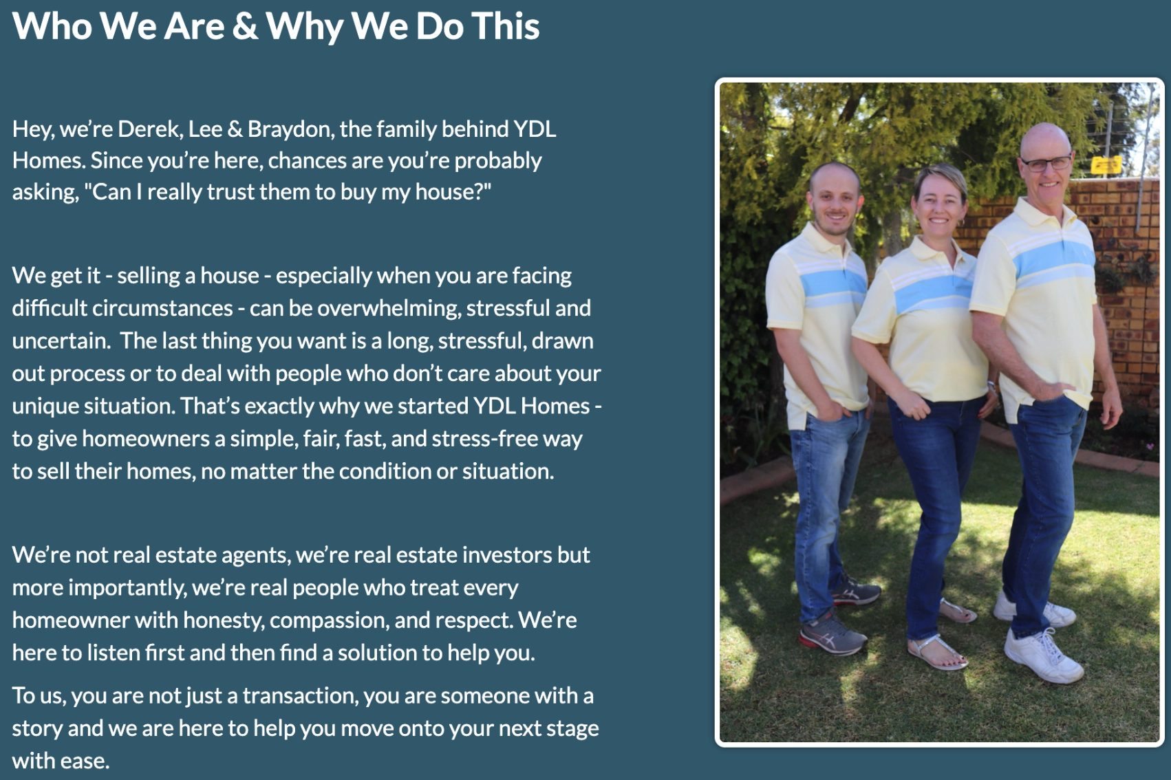 YDL Homes Team – Indiana Cash Home Buyers You Can Trust The YDL Homes team standing together, representing trusted cash home buyers in Indiana