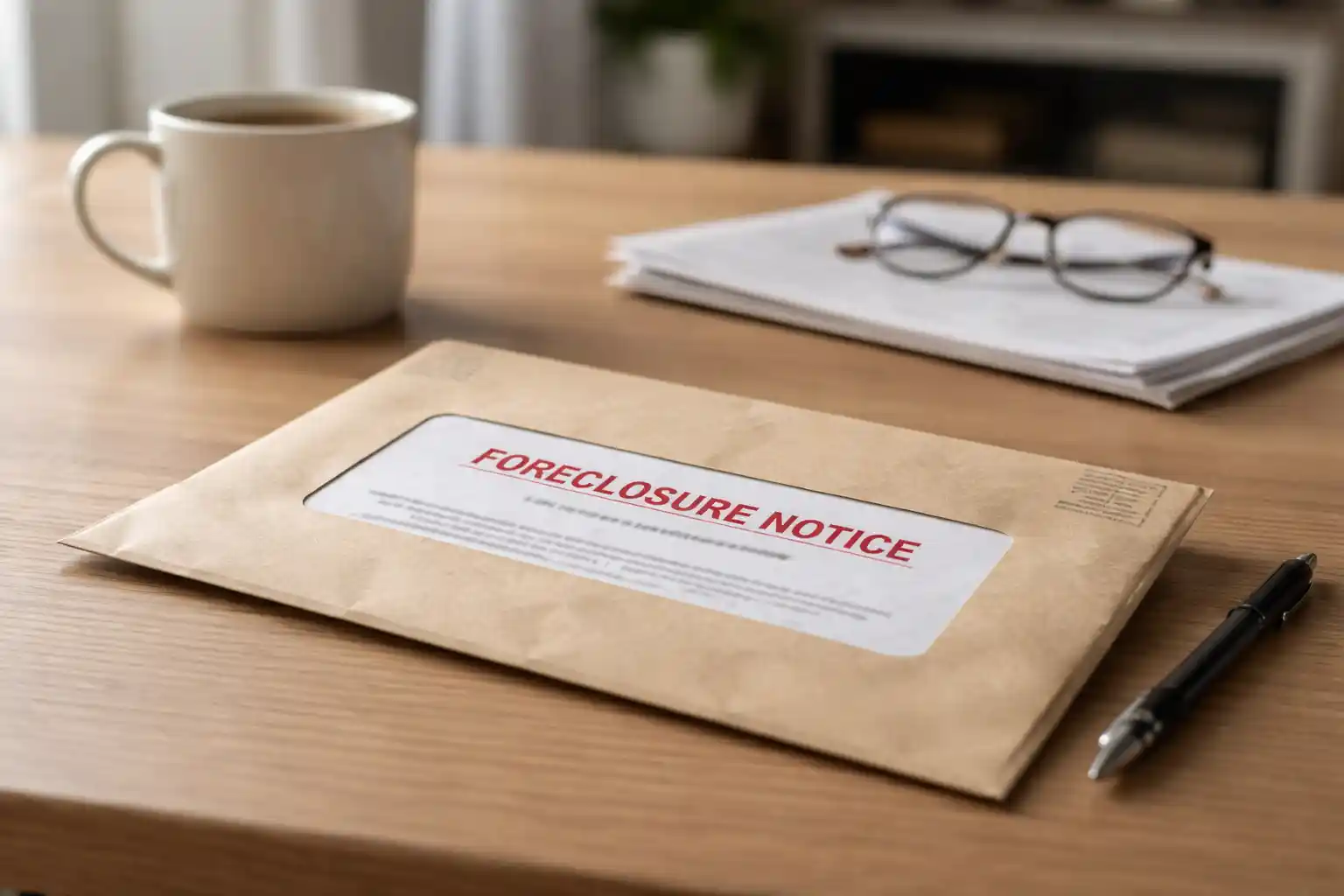 Foreclosure notice envelope on a kitchen table with paperwork, coffee mug, and glasses in a softly lit home setting