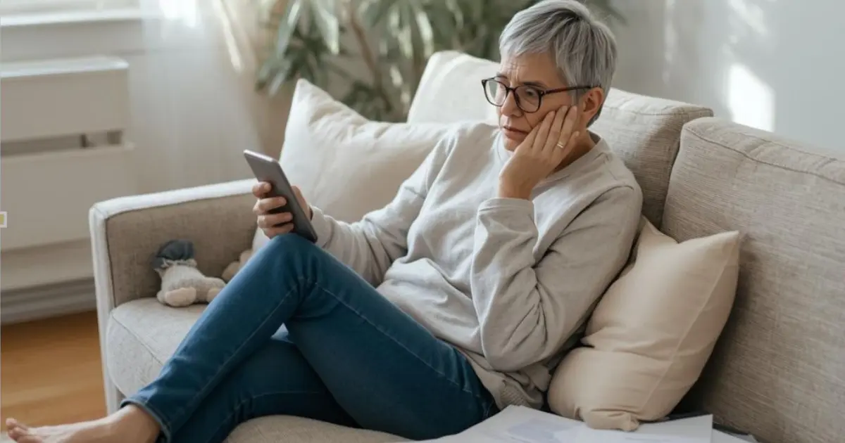Woman sitting on a couch looking at her phone with a worried expression in a home setting