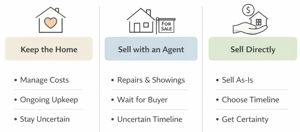 Comparison chart showing options to keep a home, sell with an agent, or sell directly, highlighting differences in effort, time, and certainty