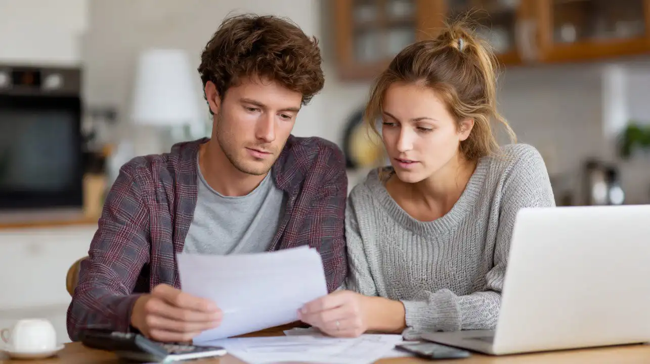 Couple reviewing property tax paperwork together at table with calendar