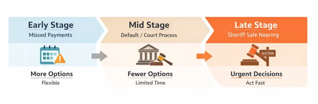 infographic showing foreclosure stages in Indiana from missed payments to sheriff sale with early mid and late stages