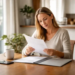 Homeowner sitting at a kitchen table reviewing paperwork calmly while making a property decision