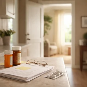 Medical paperwork and prescription medicine on a kitchen counter with an open doorway in the background, representing a homeowner considering selling a house due to health issues or medical costs