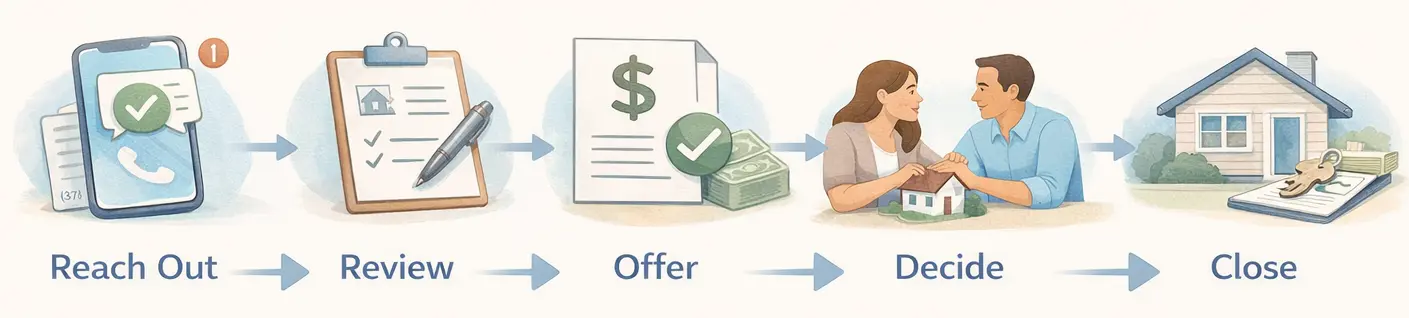 Linear infographic showing step-by-step process to sell a house: reach out, review, receive offer, decide, and close