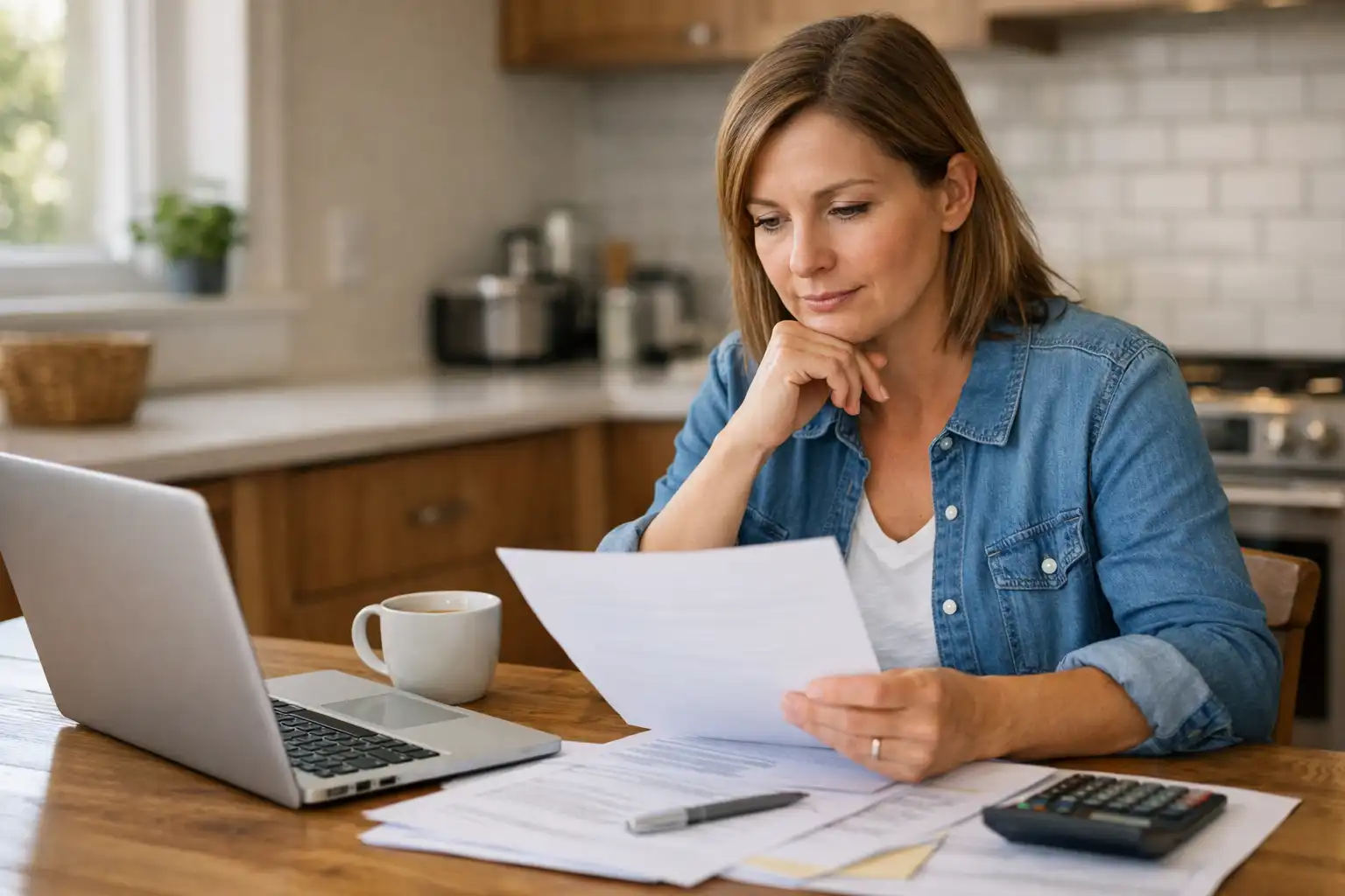 homeowner reviewing bills and mortgage paperwork at kitchen table looking for ways to stop foreclosure in Indiana