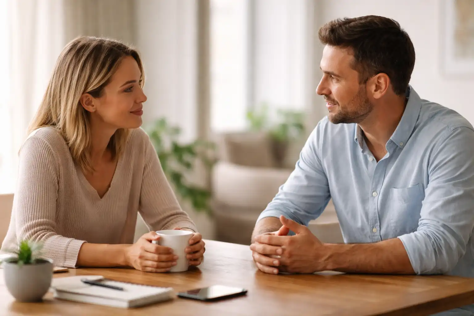 Two people sitting at a table having a calm conversation about selling an inherited house