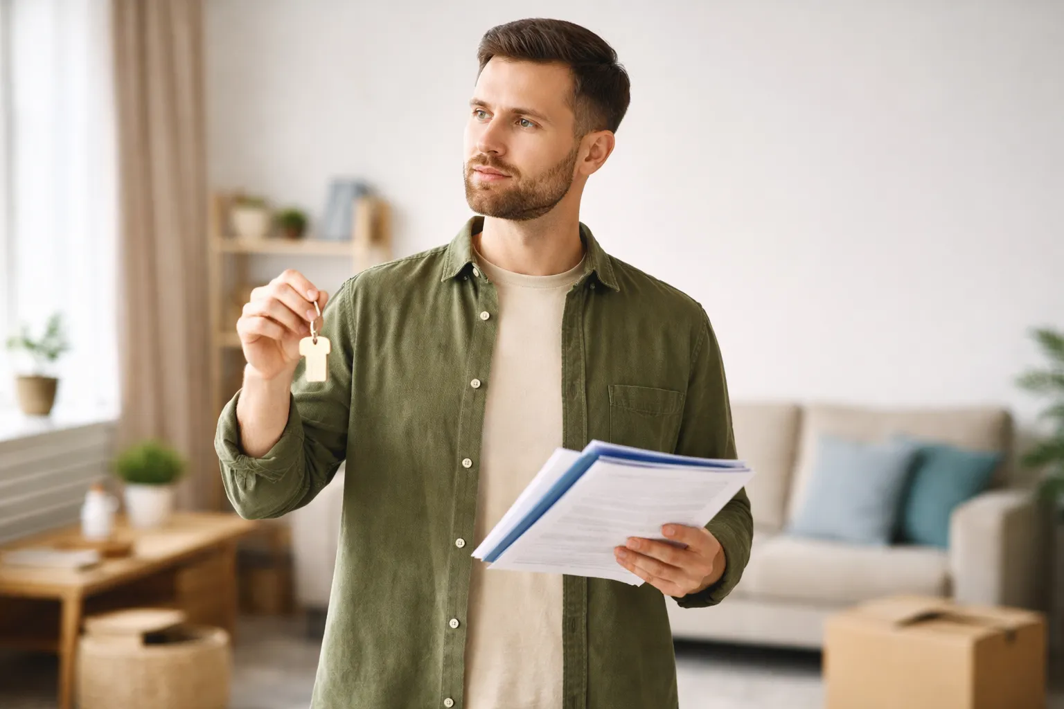 Person standing inside an inherited house holding keys and paperwork, considering selling the property
