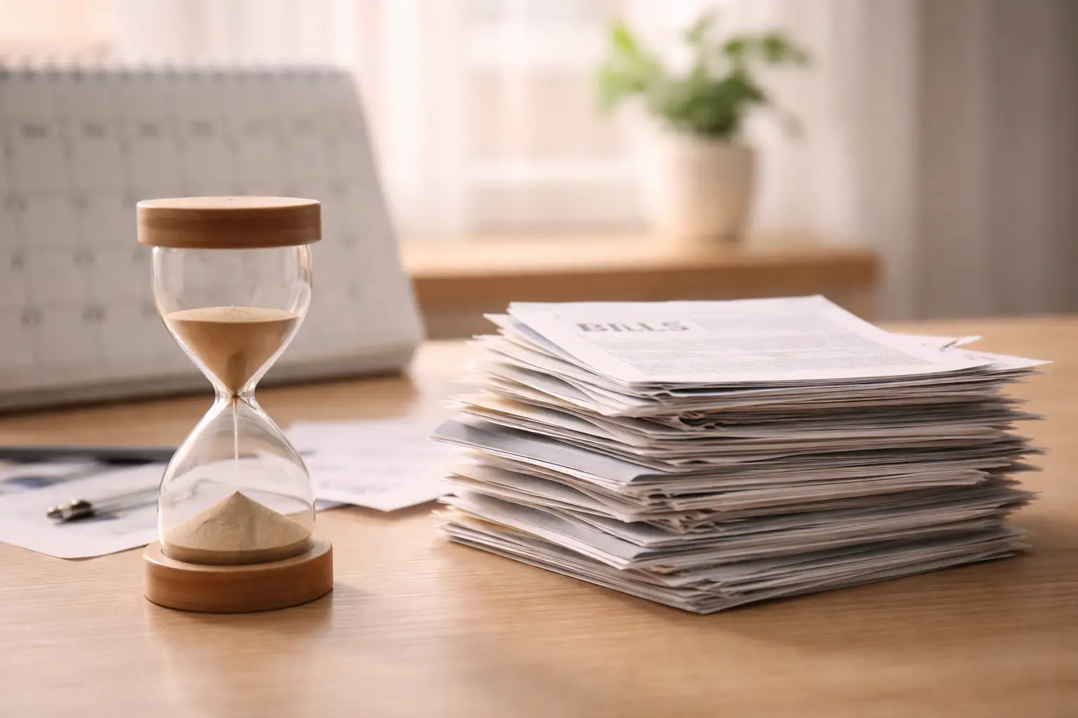 Hourglass beside growing stack of bills showing property tax balance increasing over time