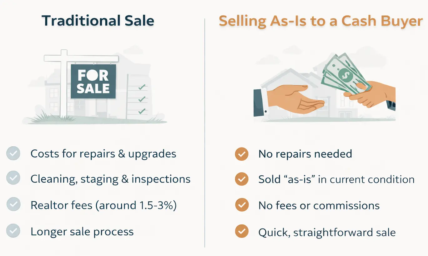 Comparison of traditional home sale versus selling an inherited house as-is to a direct buyer