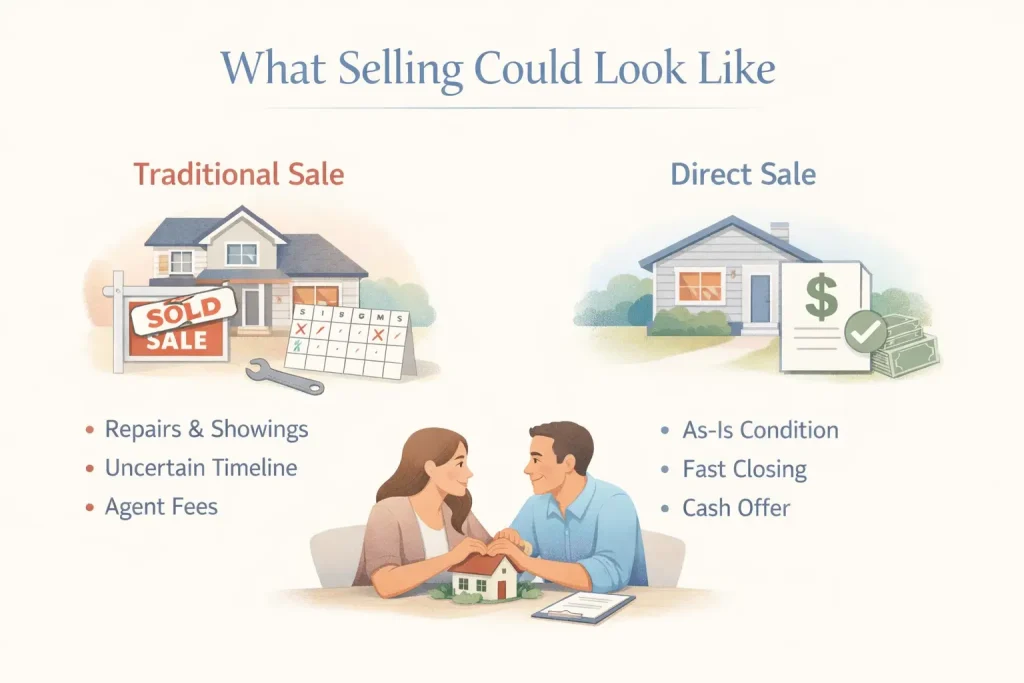 Visual comparison of traditional home sale versus direct home sale showing differences in repairs, timelines, and simplicity