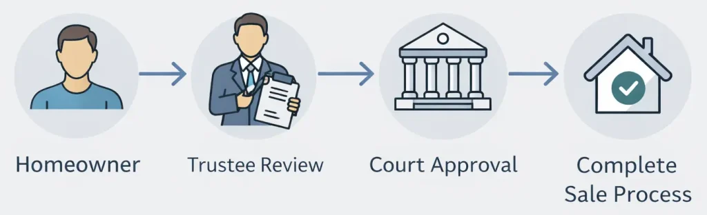 infographic showing how selling a house during bankruptcy works, including trustee review, court approval, and the sale process