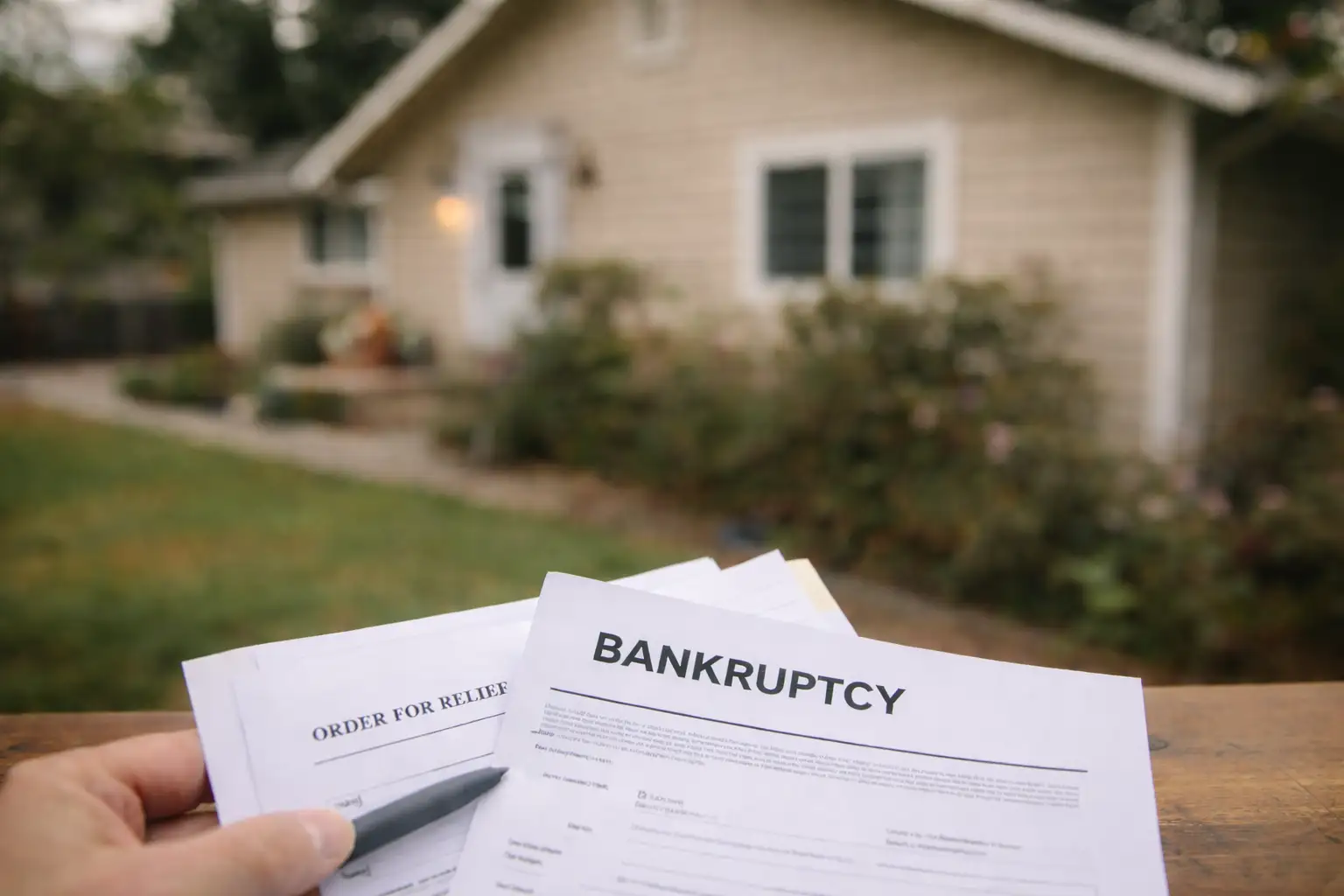 bankruptcy paperwork in front of a house representing the challenges of selling a house during bankruptcy in Indiana